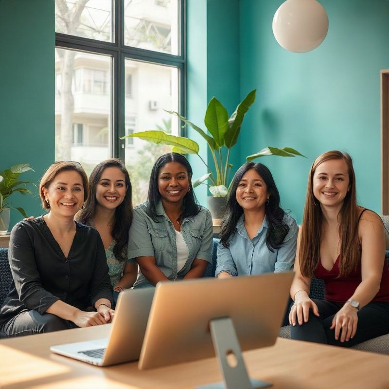 Equipe de quatro pessoas em interior teal-moderno de Curitiba, sorrisos genuínos e luz natural