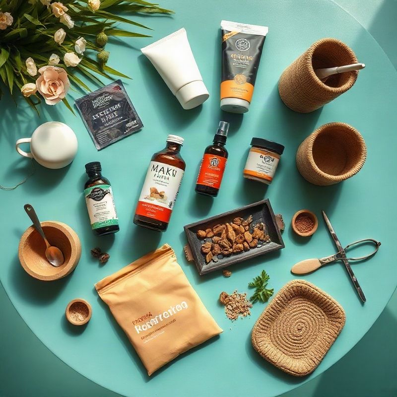 Flat-lay de produtos do dia a dia organizados sobre superfície em tons teal com luz natural